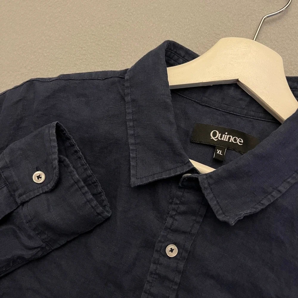 Quince Mens XL Navy Blue 100% European Linen Long Sleeve Button Down Shirt CMA01